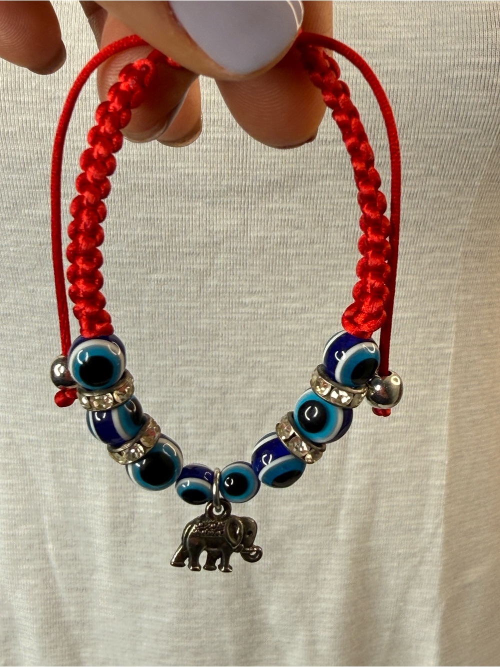 Evil Eye on adjuRed Macrame Silver Color Elephant Charm & Crystal Beads Bracelet